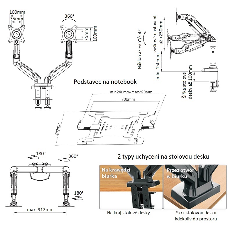 Kancelářský držák notebooku a monitoru FB 764F160 – černý