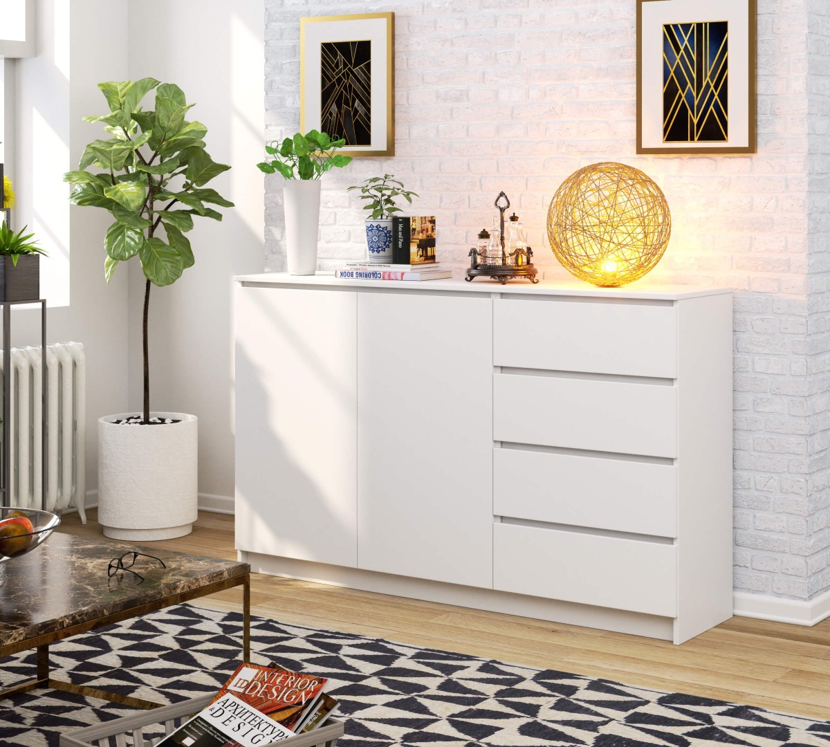 Ak furniture Komoda K013 160 cm bílá - 2 skříňky a 4 šuplíky