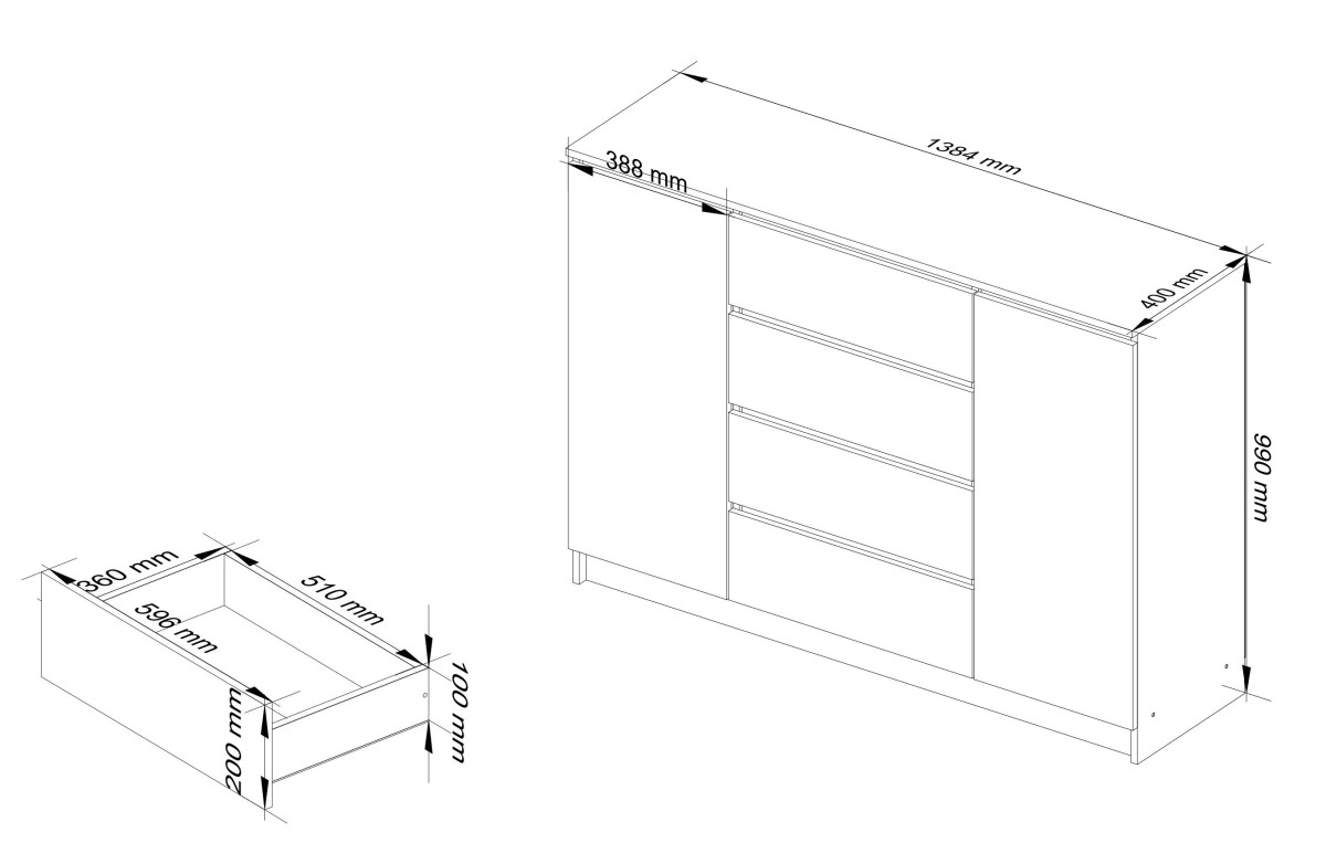 Ak furniture Komoda Kryštof 140 cm 2 skříňky a 4 šuplíky bílá/černá