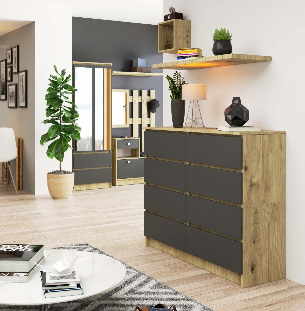 Ak furniture Komoda Kuba 120 cm 8 šuplíků dub artisan/grafitová