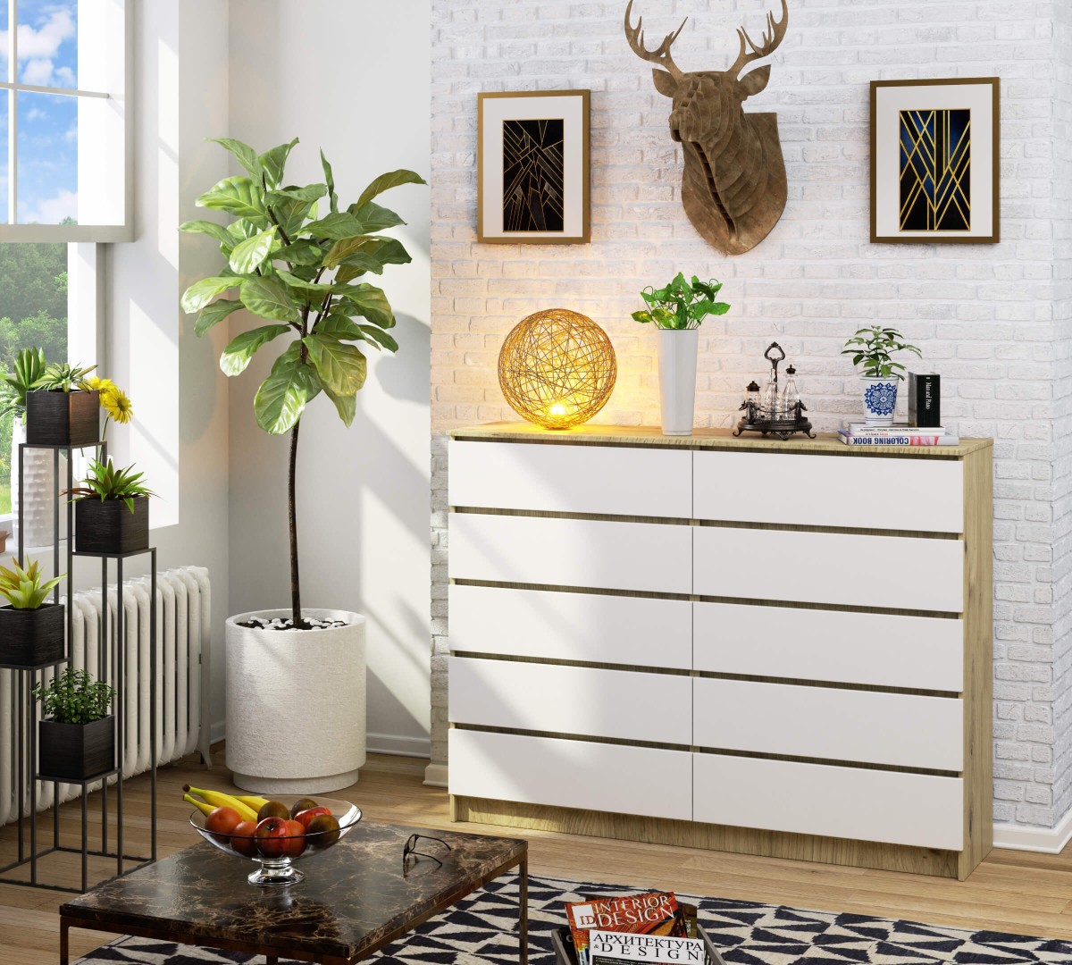 Ak furniture Komoda Kuba 160 cm 10 šuplíků dub artisan/bílá