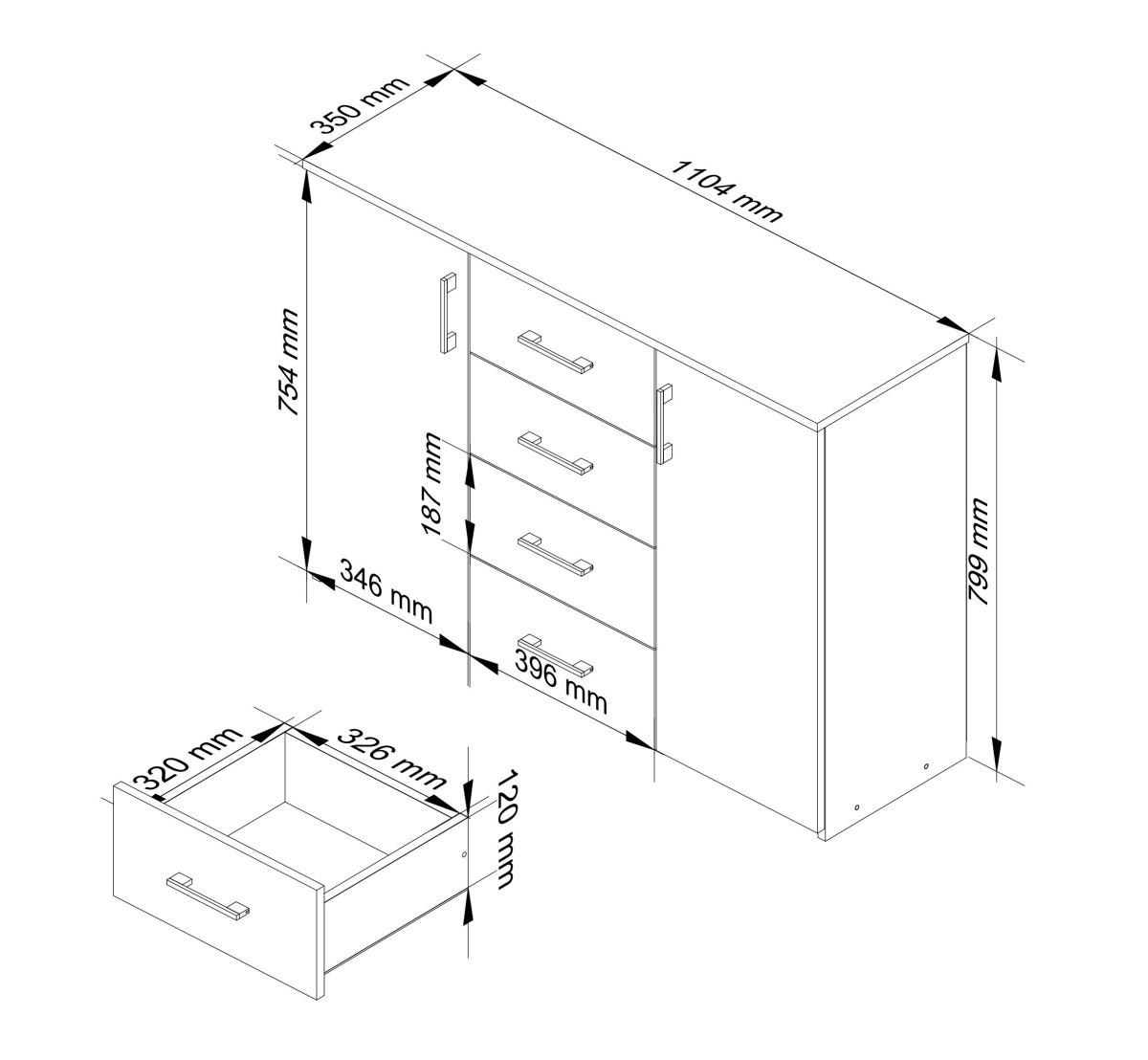 Ak furniture Komoda Torvi K 110,4 cm bílá/grafitová lesklá