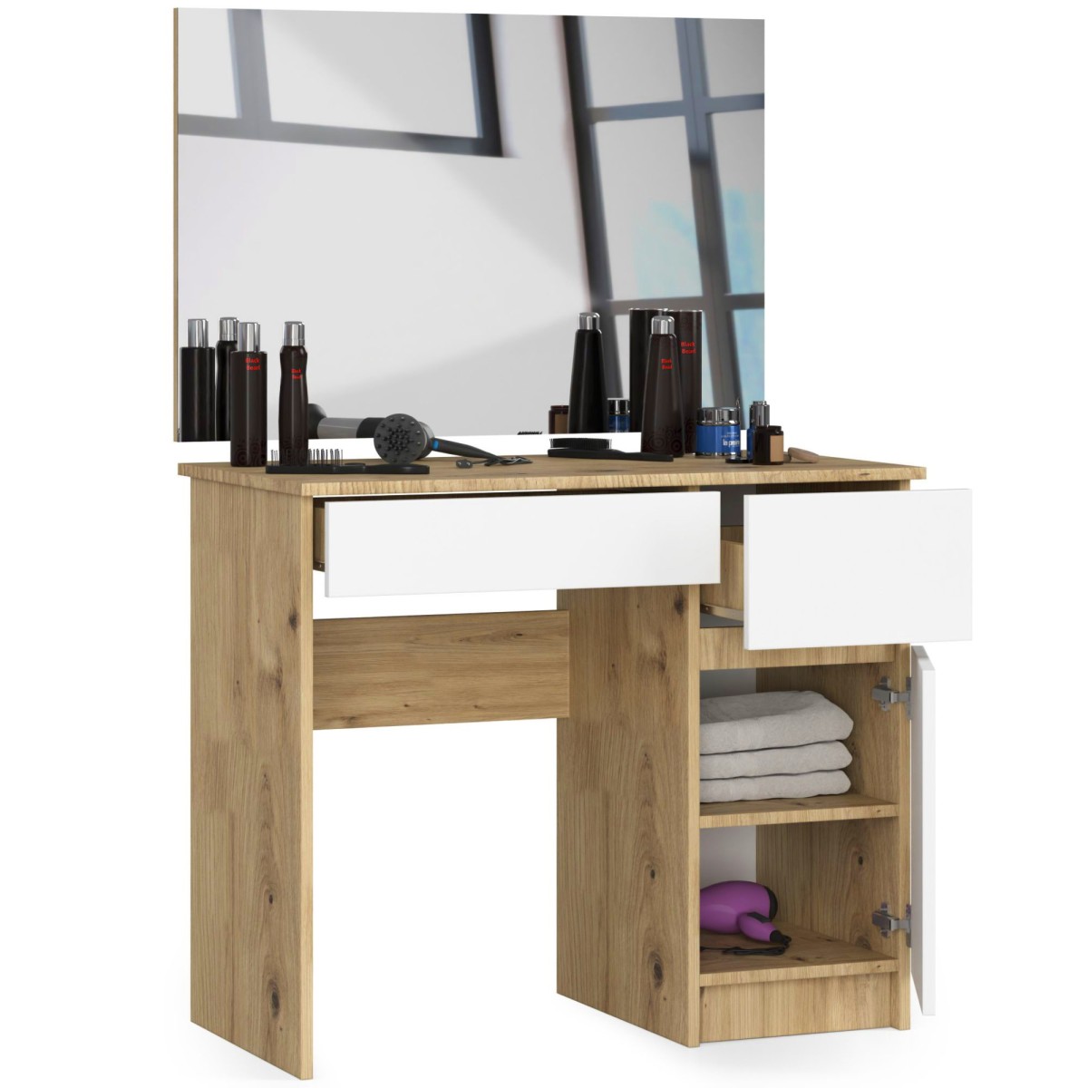 Ak furniture Kosmetický stolek se zrcadlem P-2/SL I dub artisan / bílý pravý