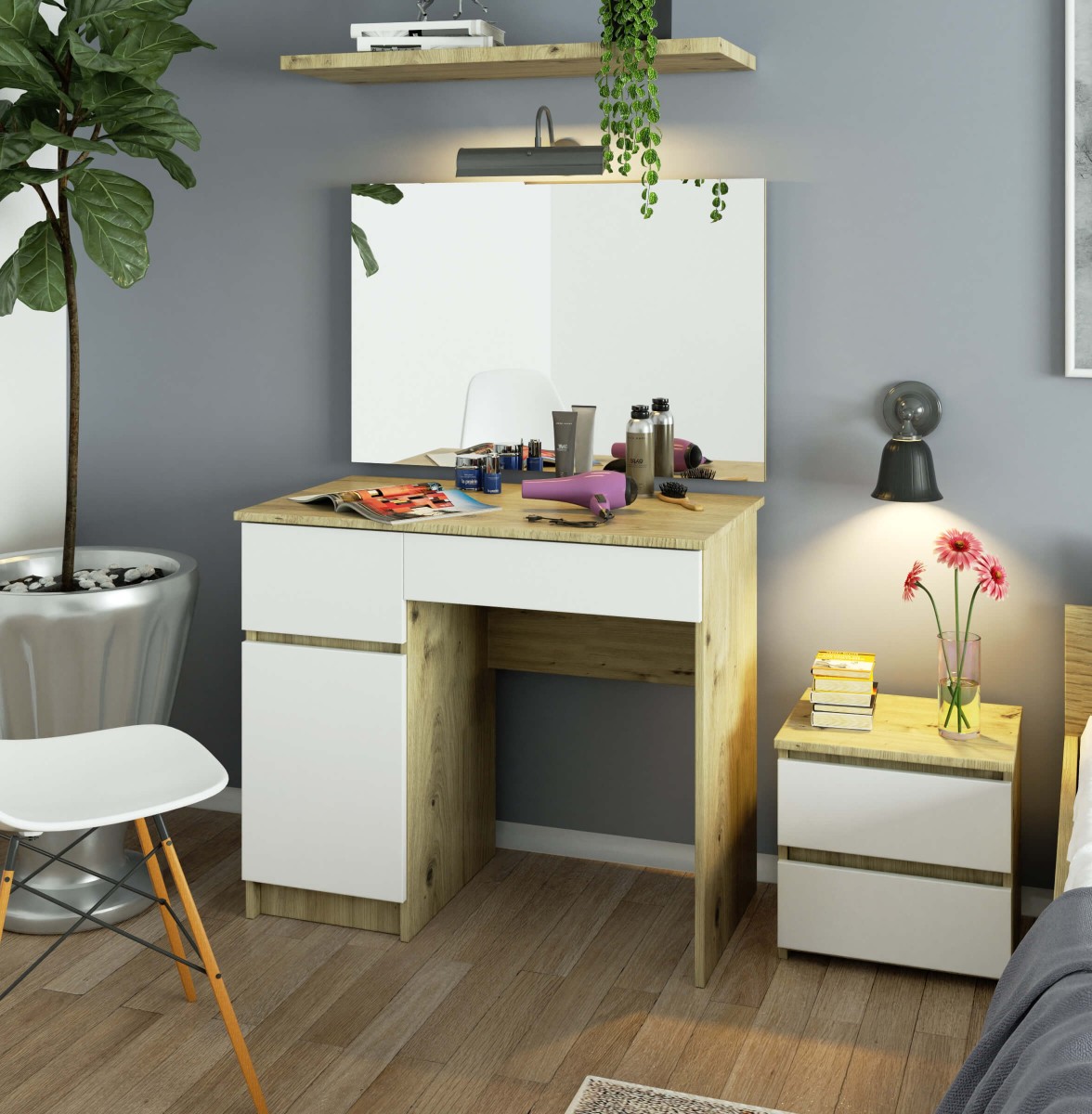 Ak furniture Kosmetický stolek se zrcadlem P-2/SL I dub artisan/bílý  levý