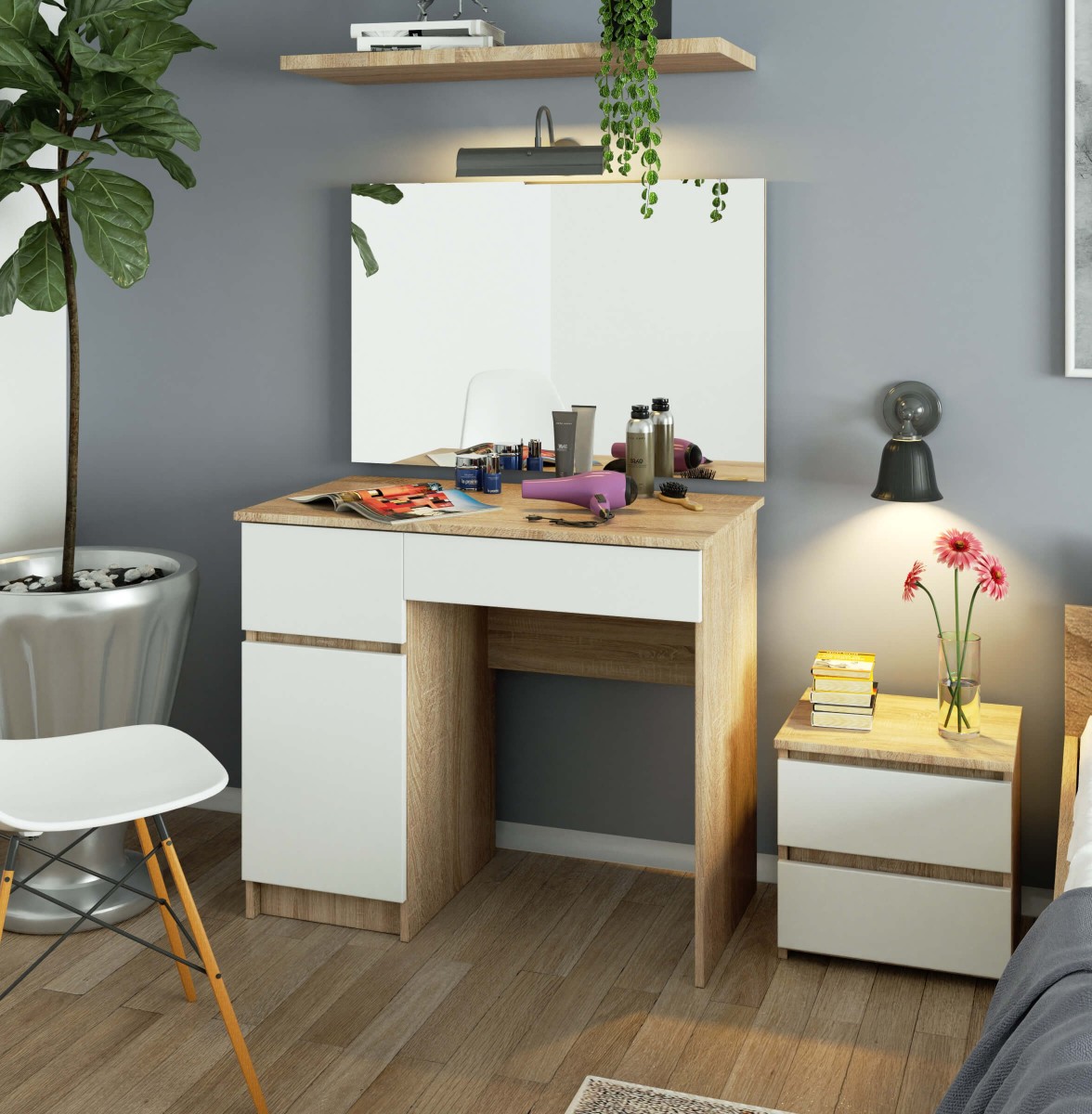 Ak furniture Kosmetický stolek se zrcadlem P-2/SL I dub sonoma/bílý levý