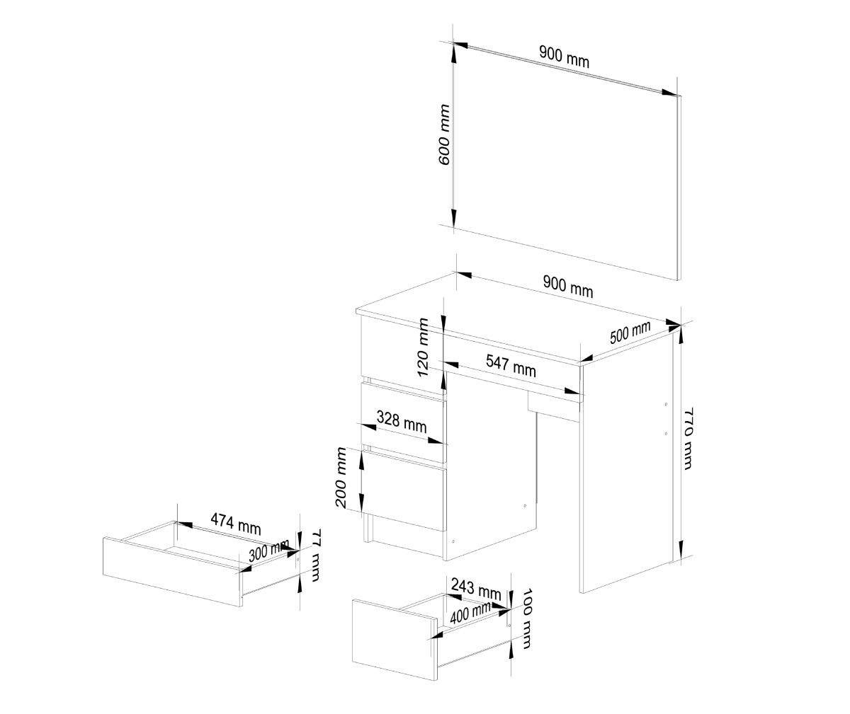 Ak furniture Kosmetický stolek se zrcadlem T-6 I 90x50 cm bílý levý