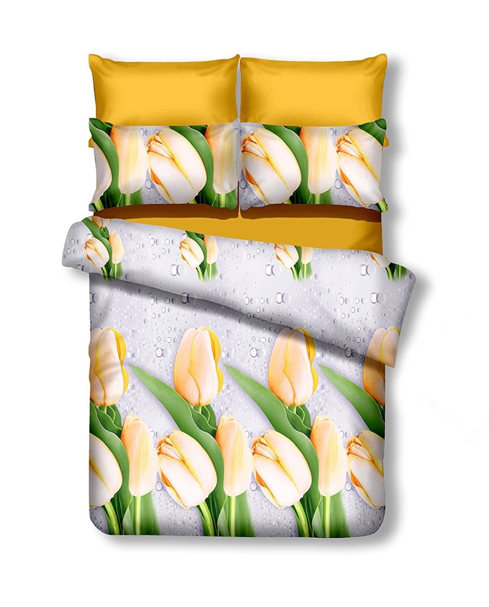 Oboustranné povlečení z mikrovlákna DecoKing Tulip bílo-žluté, velikost 155x220+80x80*1