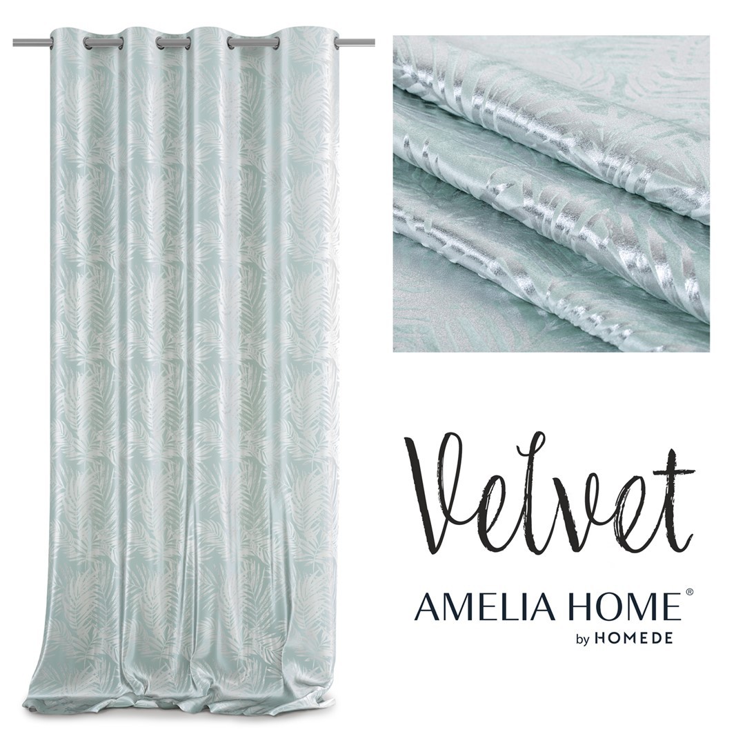 Závěs AmeliaHome Velvet Silver Leaves mátový, velikost 140x245