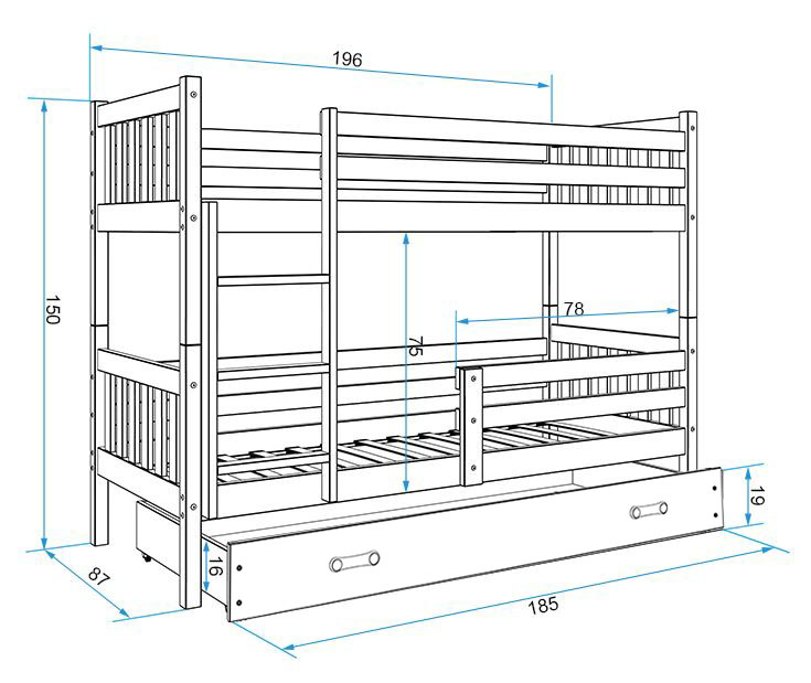 BMS Dětská patrová postel ERYK | šedá 90 x 200 Barva: Šedá / bílá, Rozměr: 200 x 90 cm