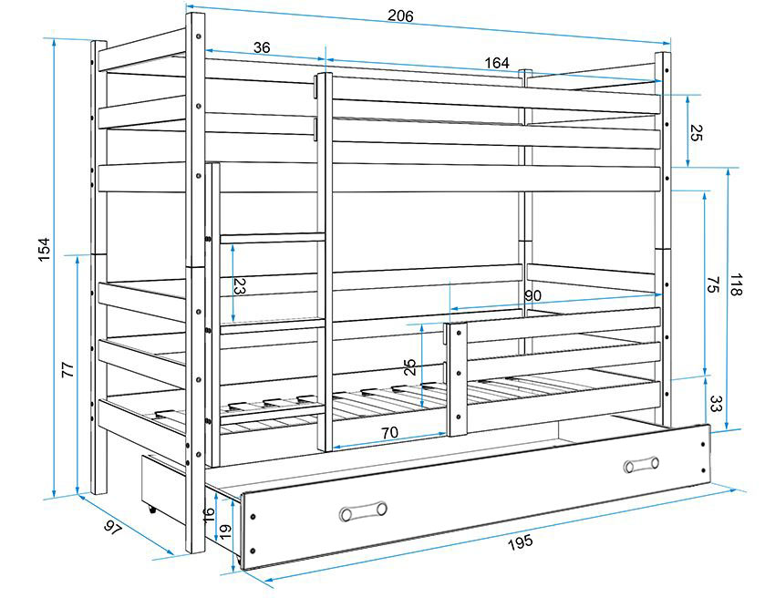 BMS Dětská patrová postel ERYK | šedá 90 x 200 Barva: Šedá / bílá, Rozměr: 200 x 90 cm