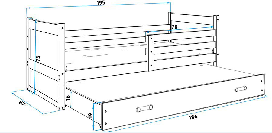 BMS Dětská postel s přistýlkou RICO 2 | borovice 80 x 190 cm Barva: Modrá