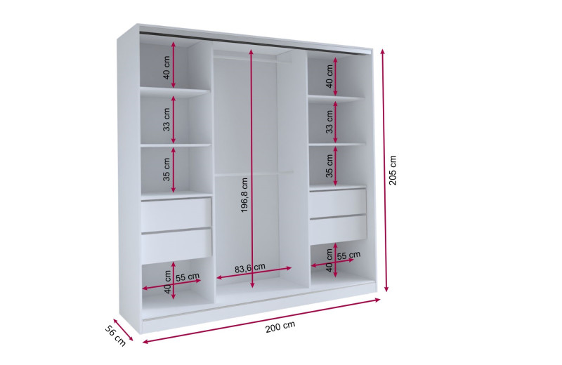 Šatní skříň HARAZIA 200 bez zrcadla, se 4 šuplíky a 2 šatními tyčemi, bílý lesk