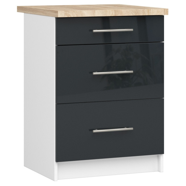 Ak furniture Kuchyňská skříňka Olivie S 60 cm 3S bílá/černá s grafitovým leskem/dub sonoma