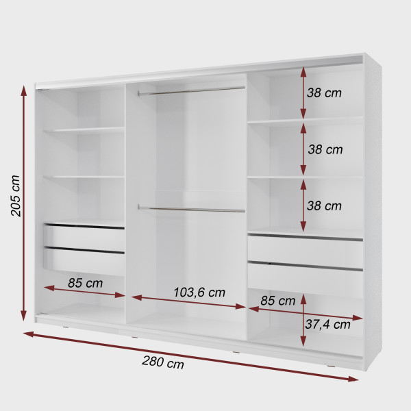 Šatní skříň NEJBY BARNABA 280 cm s posuvnými dveřmi, zrcadlem, 4 šuplíky a 2 šatními tyčemi, bílá