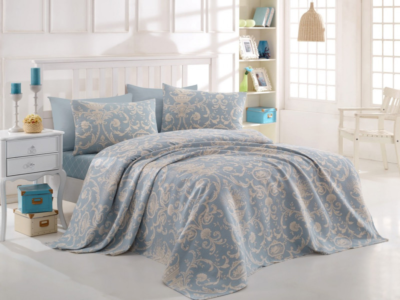 Lessentiel Bavlněný přehoz přes postel na dvoulůžko s povlaky na polštáře a prostěradlem Pures modrý