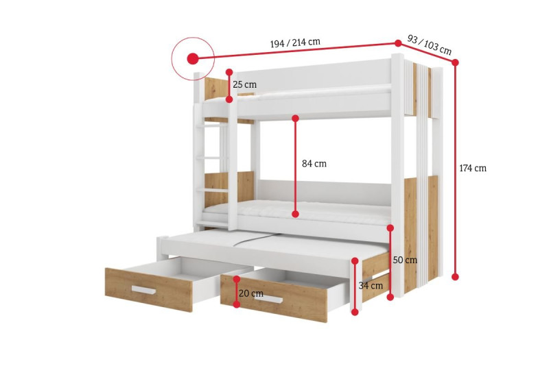 Expedo Dětská patrová postel TEMA + 3x matrace, 90x200, bílá/šedá