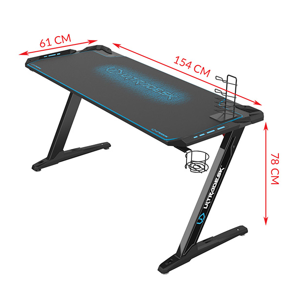 Herní stůl ULTRADESK SPACE XXL BLUE – 154x61x78 cm, RGB podsvícení s dotykovým panelem, s celoplošnou podložkou pod myš