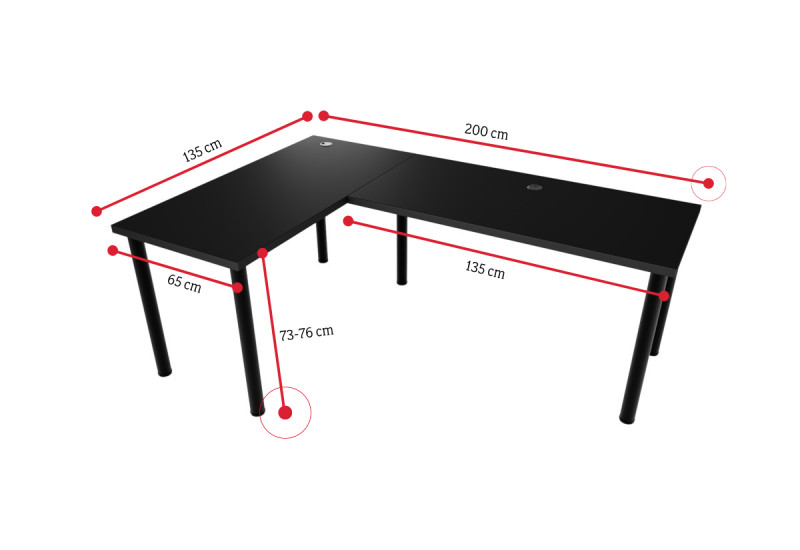 Expedo Počítačový rohový stůl LOOK N 2 s LED, 200/135x73-76x65, bílá/černé nohy