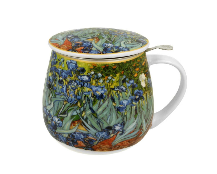 DekorStyle Porcelánový hrnek s infuzérem Van Gogh IRISES 430 ml modrý