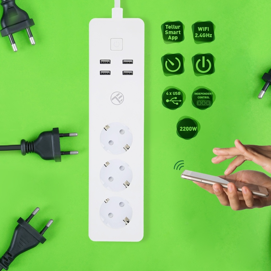 Tellur WiFi Smart Power Strip, 3x zásuvka, 4x USB 4A, 2200W, 10A, 1.8m, bílá