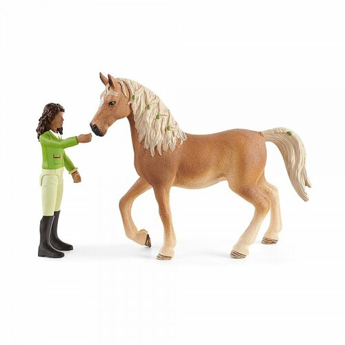 Schleich 42542 Černovláska Sarah s pohyblivými klouby na koni Mystery