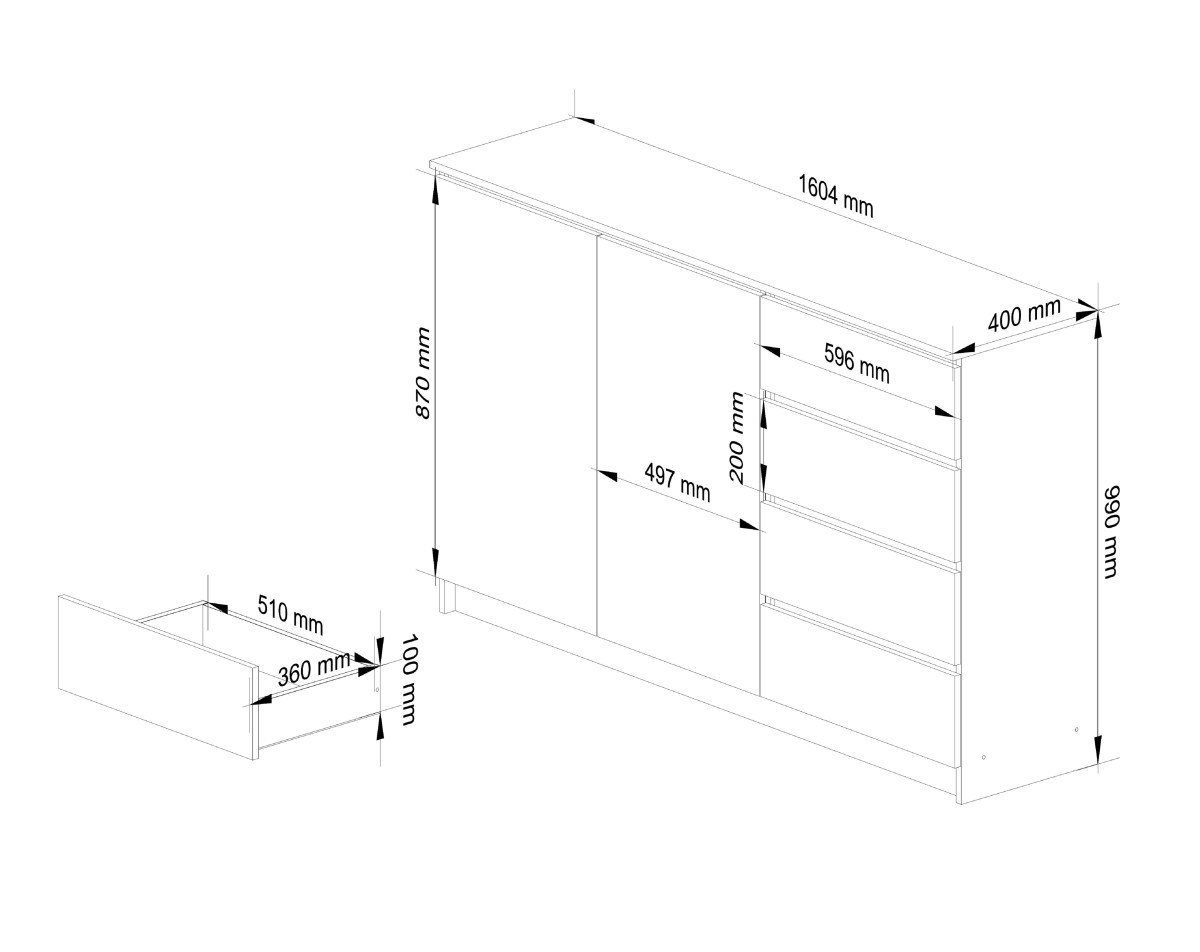 Ak furniture Komoda K013 160 cm bílá - 2 skříňky a 4 šuplíky