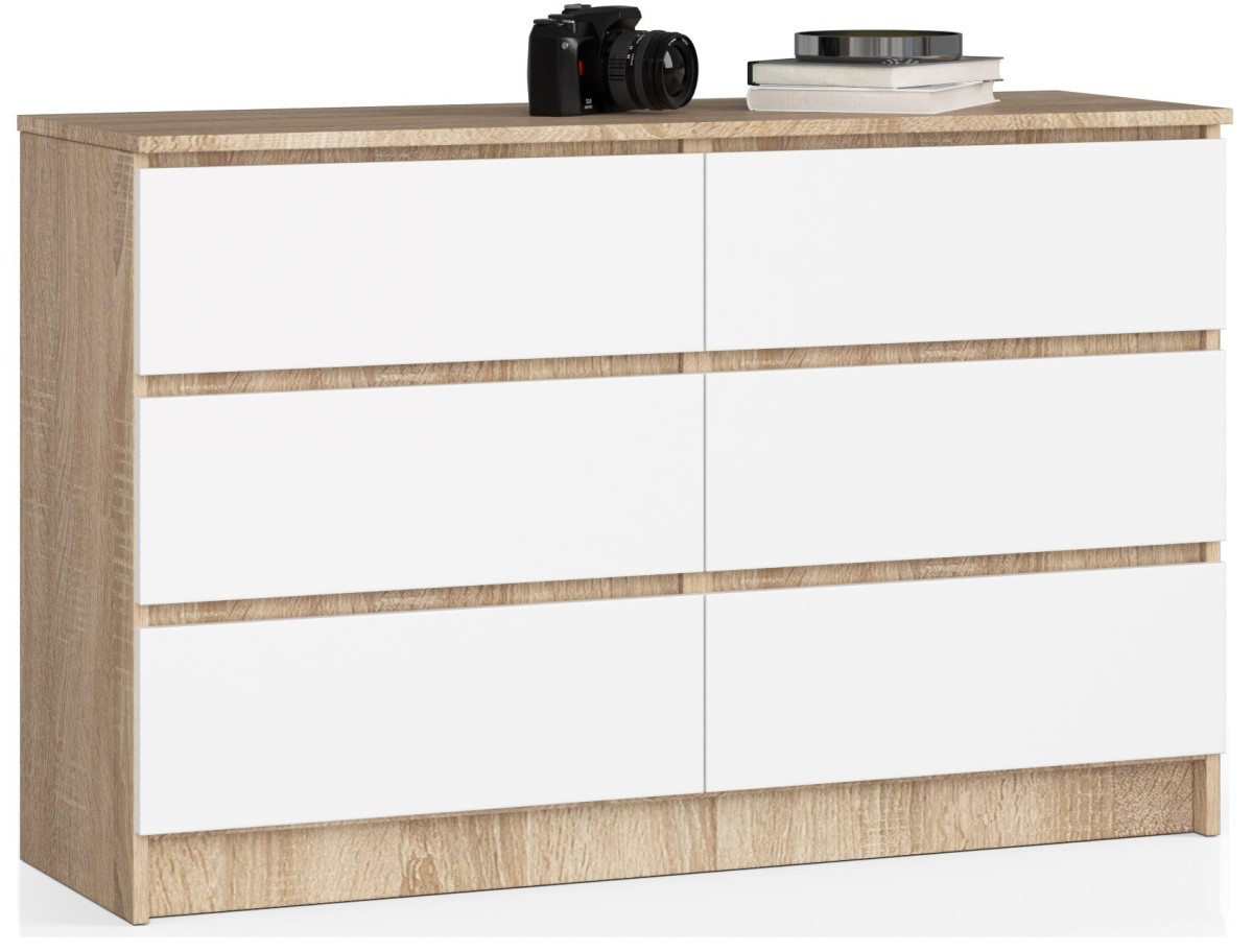 Ak furniture Komoda Kuba 120 cm 6 šuplíků dub sonoma/bílá