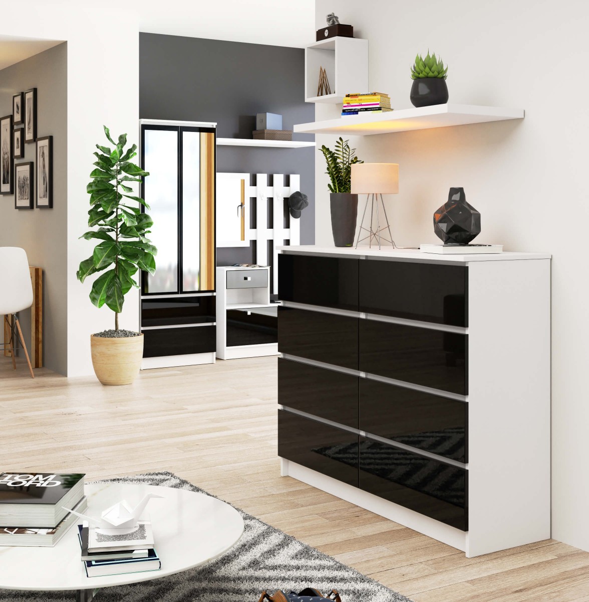 Ak furniture Komoda Kuba 120 cm 8 šuplíků bílá/černá