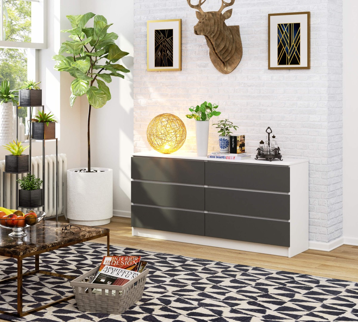 Ak furniture Komoda Kuba 160 cm 6 šuplíků bílá/grafitová