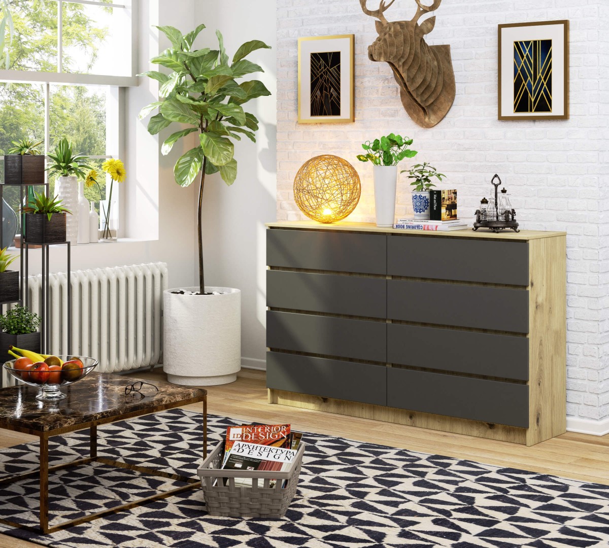 Ak furniture Komoda Kuba 160 cm 8 šuplíků dub artisan/grafitová