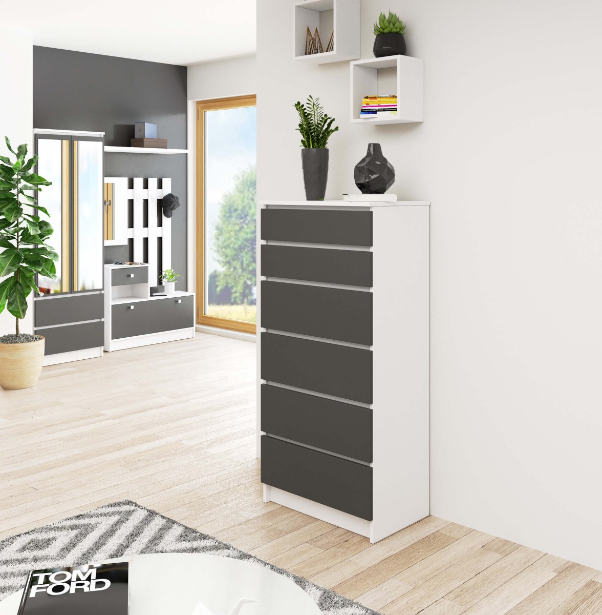 Ak furniture Komoda Kuba 60 cm - 6 šuplíků I bílá/grafitová