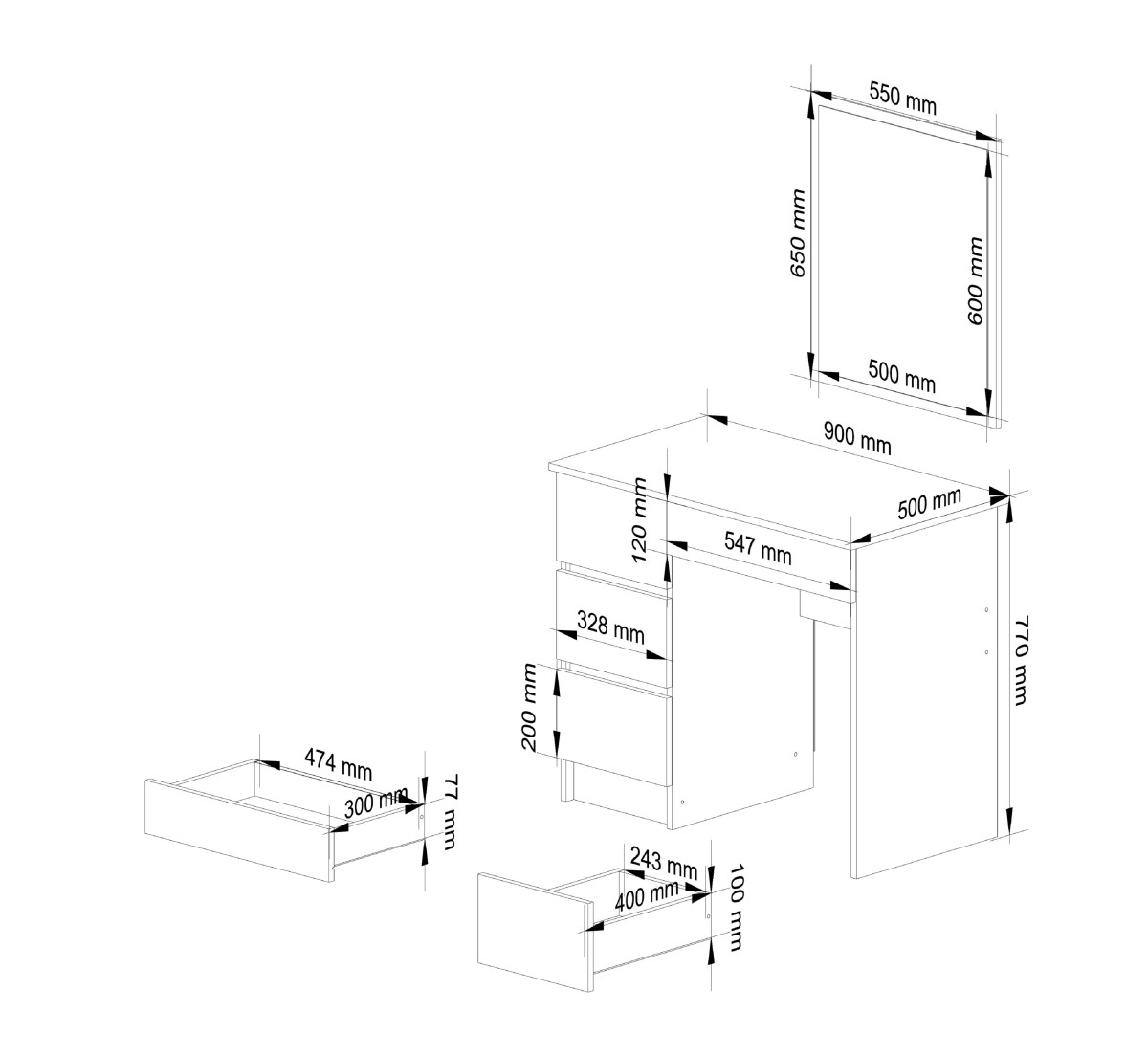 Ak furniture Kosmetický stolek se zrcadlem T-6 90x50 cm bílý levý