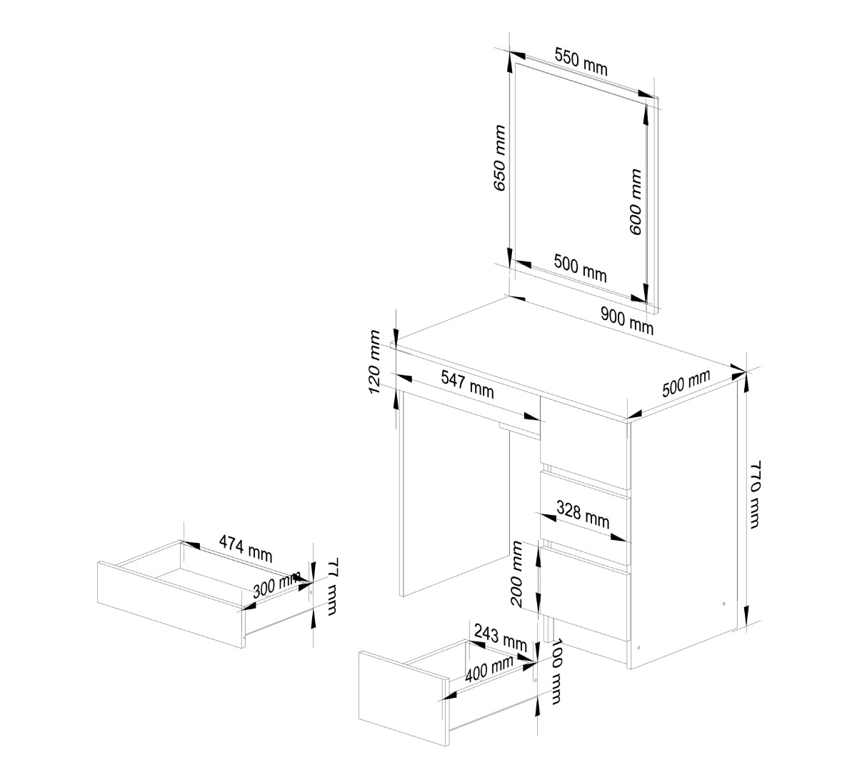 Ak furniture Kosmetický stolek se zrcadlem T-6 90x50 cm bílý pravý