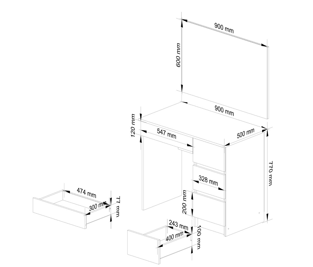 Ak furniture Kosmetický stolek se zrcadlem T-6 I 90x50 cm bílý pravý