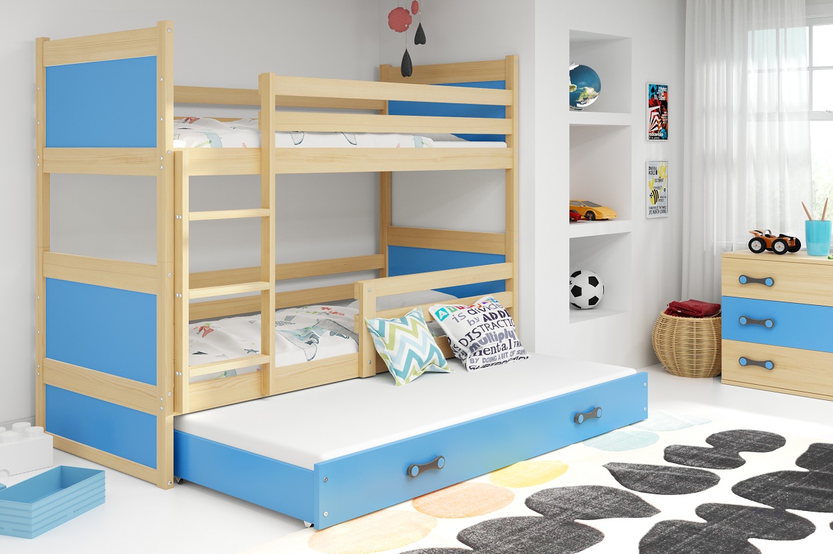 BMS Dětská patrová postel s přistýlkou RICO 3 | borovice 90 x 200 cm Barva: Modrá