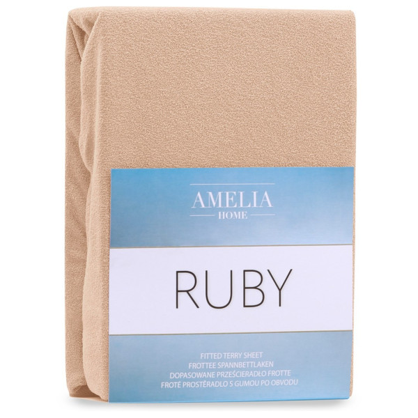 Froté prostěradlo s gumou AmeliaHome Ruby tmavě béžové, velikost 80-90x200