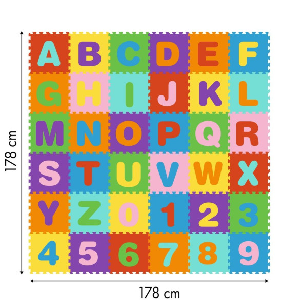 ECOTOYS Pěnová podložka Puzzle čísla a písmena 178x178 cm barevná