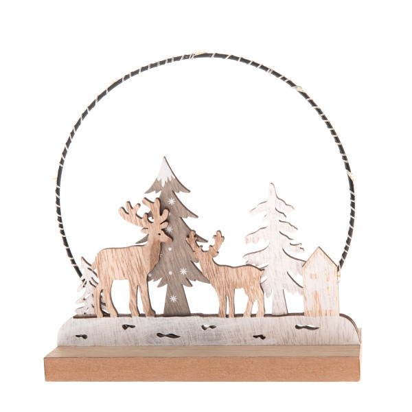 Dřevěná vánoční dekorace s LED světlem Deer forest, 16 x 6 cm