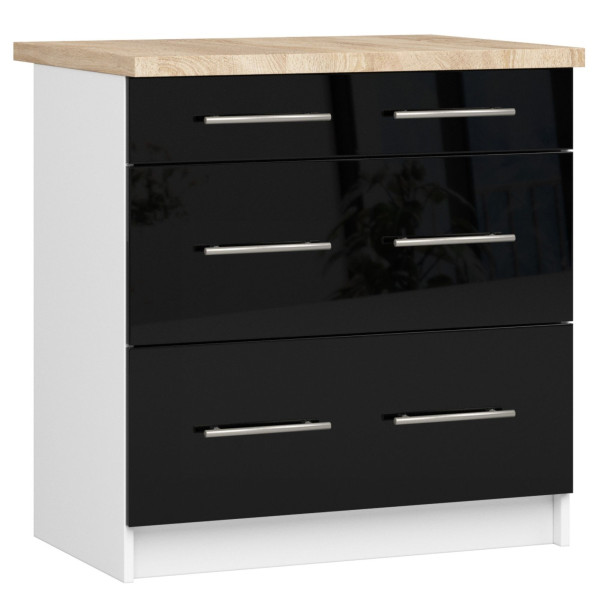 Ak furniture Kuchyňská skříňka Olivie S 80 cm 3S bílá/černý lesk/dub sonoma