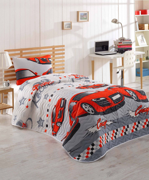Lessentiel Dětský bavlněný přehoz přes postel a povlak na polštář Cars 160x220 cm červeno-šedý