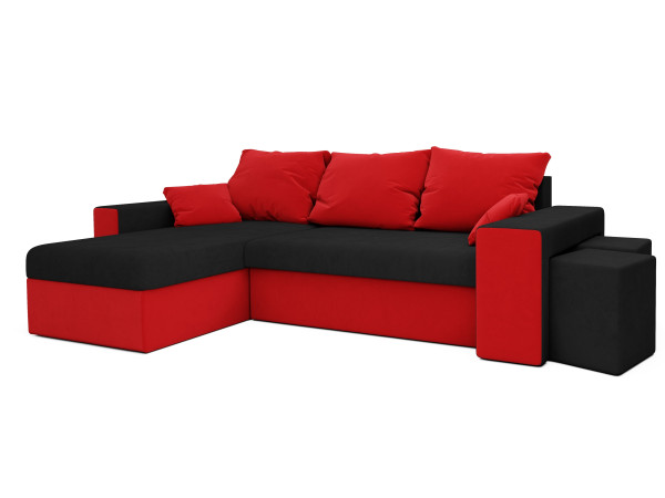 Rohová sedačka CHAMPNELLA s knihovnou a taburety, černá/červená