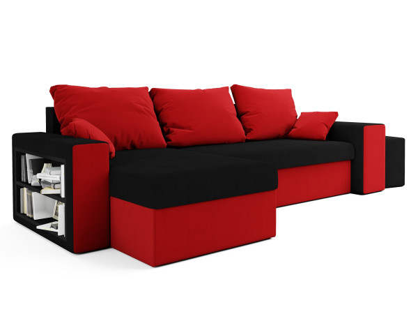 Rohová sedačka CHAMPNELLA s knihovnou a taburety, černá/červená