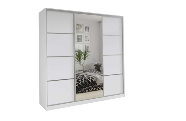 Šatní skříň NEJBY BARNABA 200 cm s posuvnými dveřmi, zrcadlem, 4 šuplíky a 2 šatními tyčemi, bílá