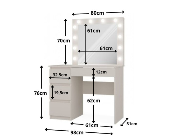 TP Living Toaletní stolek s LED osvětlením MARINA Mijas kašmír levý