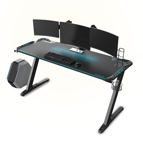 Herní stůl ULTRADESK SPACE XXL BLUE – 154x61x78 cm, RGB podsvícení s dotykovým panelem, s celoplošnou podložkou pod myš