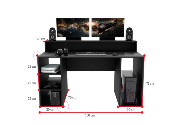 Expedo Počítačový herní stůl LENI + LED, 150x74x70, černá