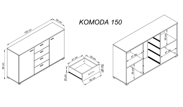 Piaski Komoda Maja 150 cm bílá